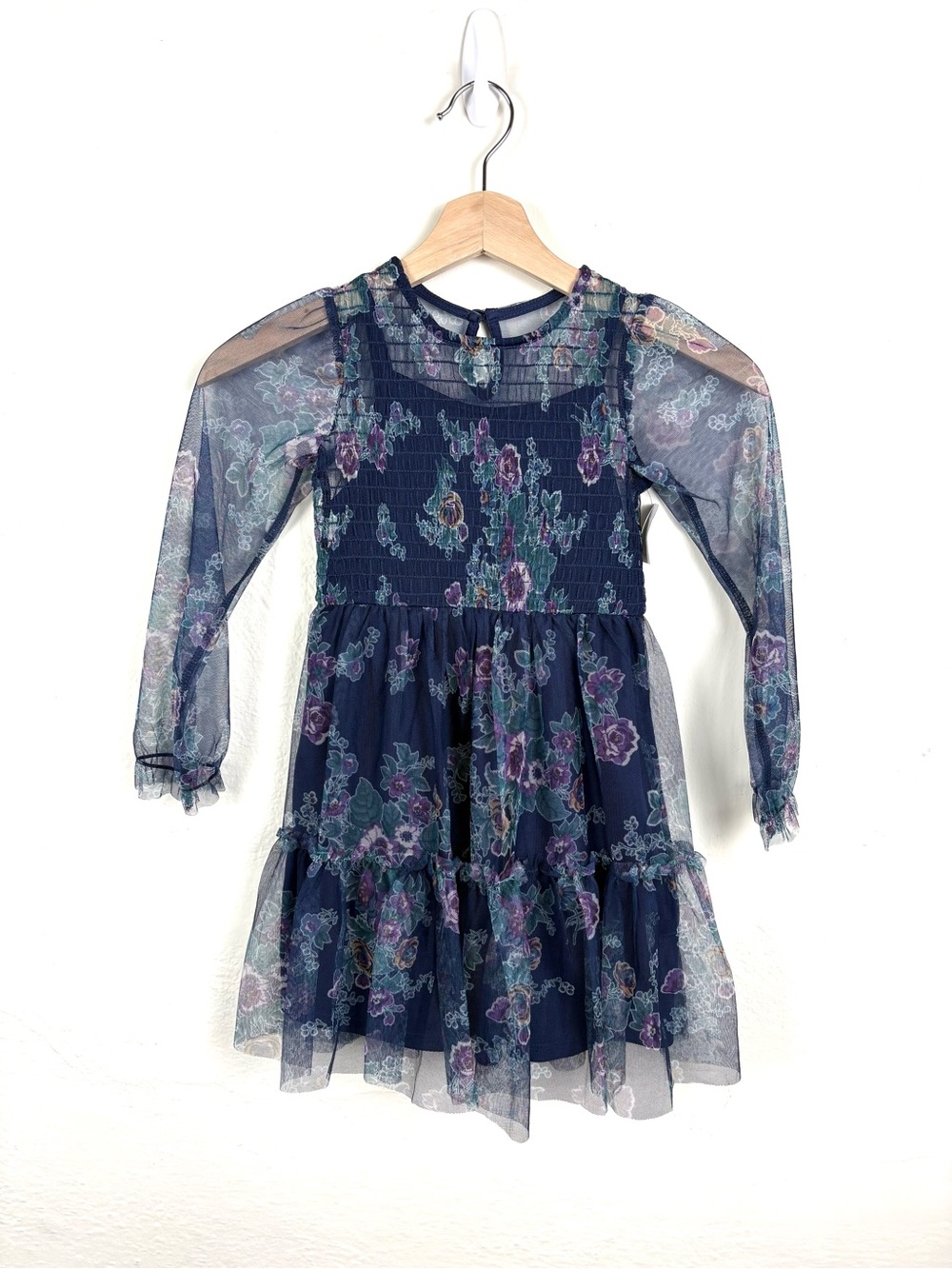 Zenzi Girls 4/5 Dark Moody Romantic Floral Mesh Long Sleeve Smocked Dress
